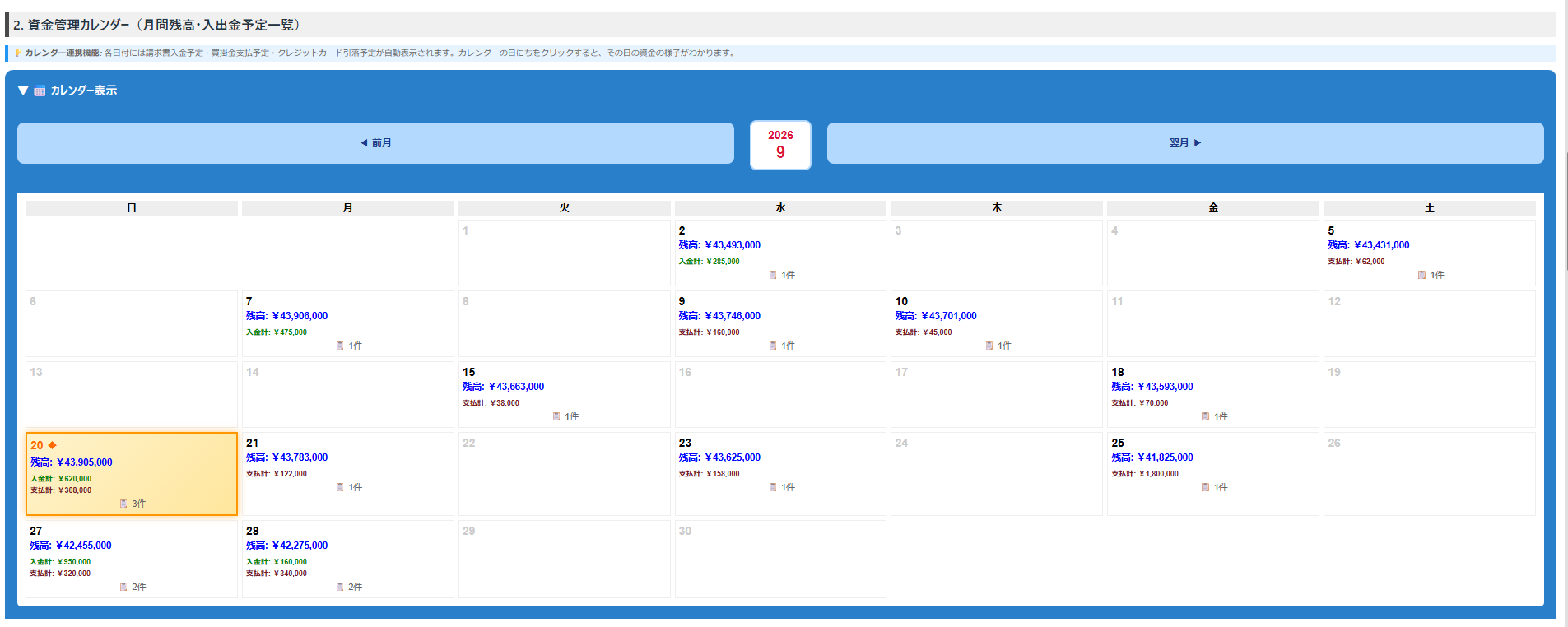 CashCalendar 資金管理カレンダー画面